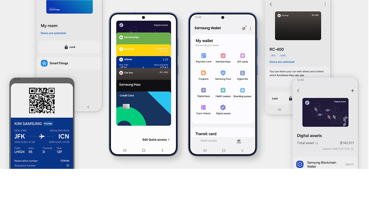 Samsung Galaxy S25+ phone and multiple screens showcasing that Samsung Galaxy devices can hold your boarding passes, payment cards and keep you connected to your SmartThings compatible devices.